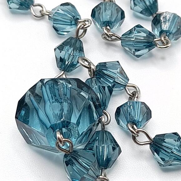 Vintage Blue Bicone Acrylic Bead Necklace, Wire Wrapped, No Clasp, 48 Inches - Picture 4 of 12